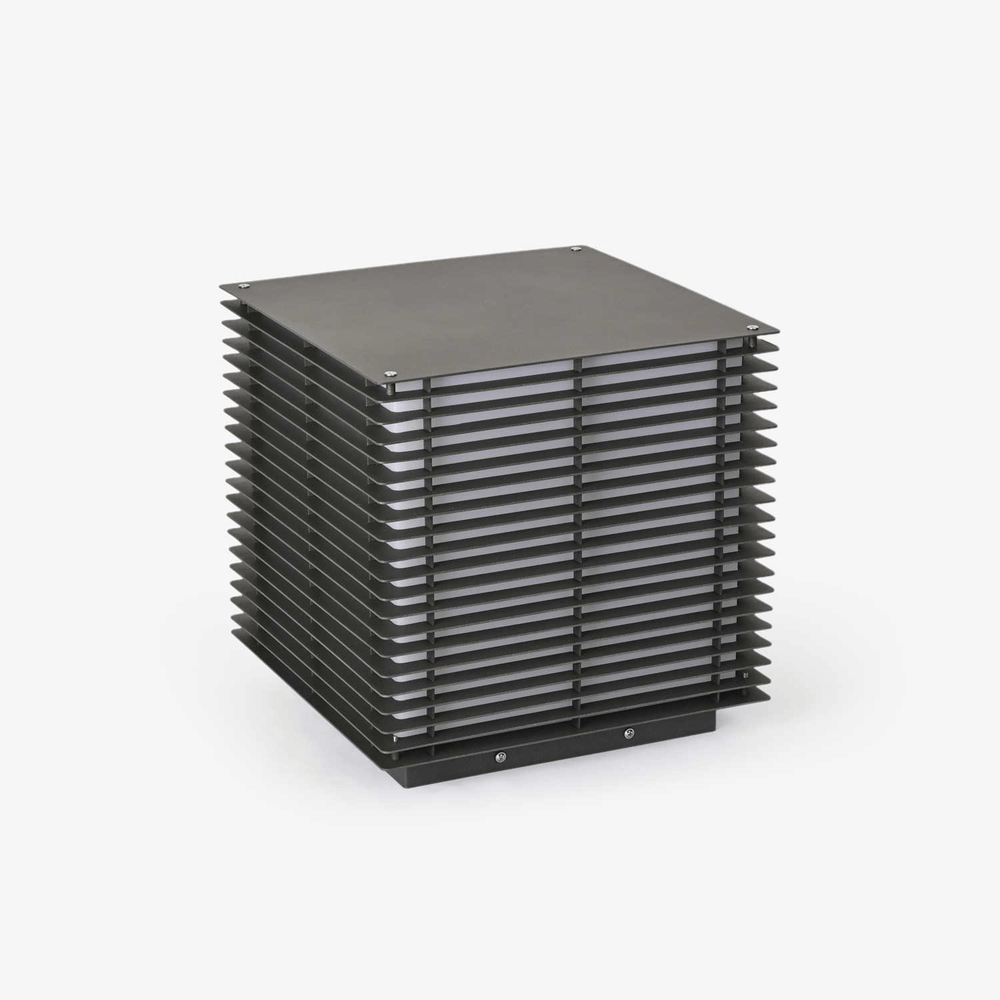 Louvered black cube with horizontal blades stacked across every face