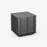 Louvered black cube with horizontal blades stacked across every face
