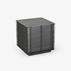 Louvered black cube with horizontal blades stacked across every face