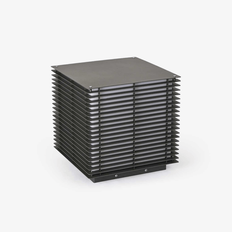 Louvered black cube with horizontal blades stacked across every face