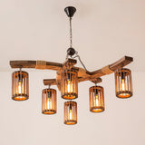 The six light chandelier seen in full with chain, beams and lanterns