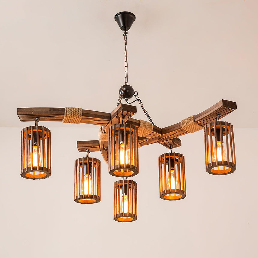 The six light chandelier seen in full with chain, beams and lanterns