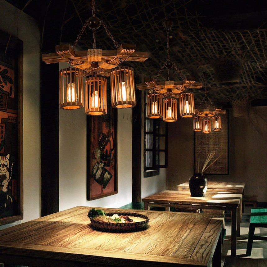 The fitting lit in a room with wood walls and a framed picture