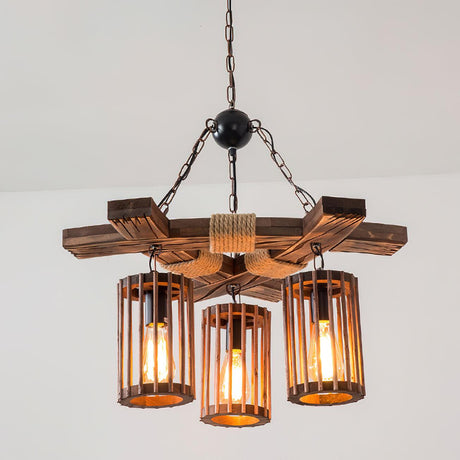 Two slatted wood lanterns lit, the bars of light showing between slats