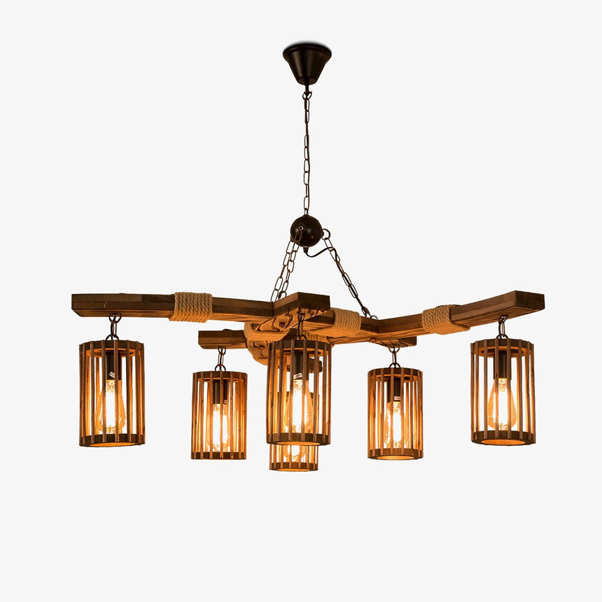 Lantern chandelier with six slatted wood shades under crossed beams