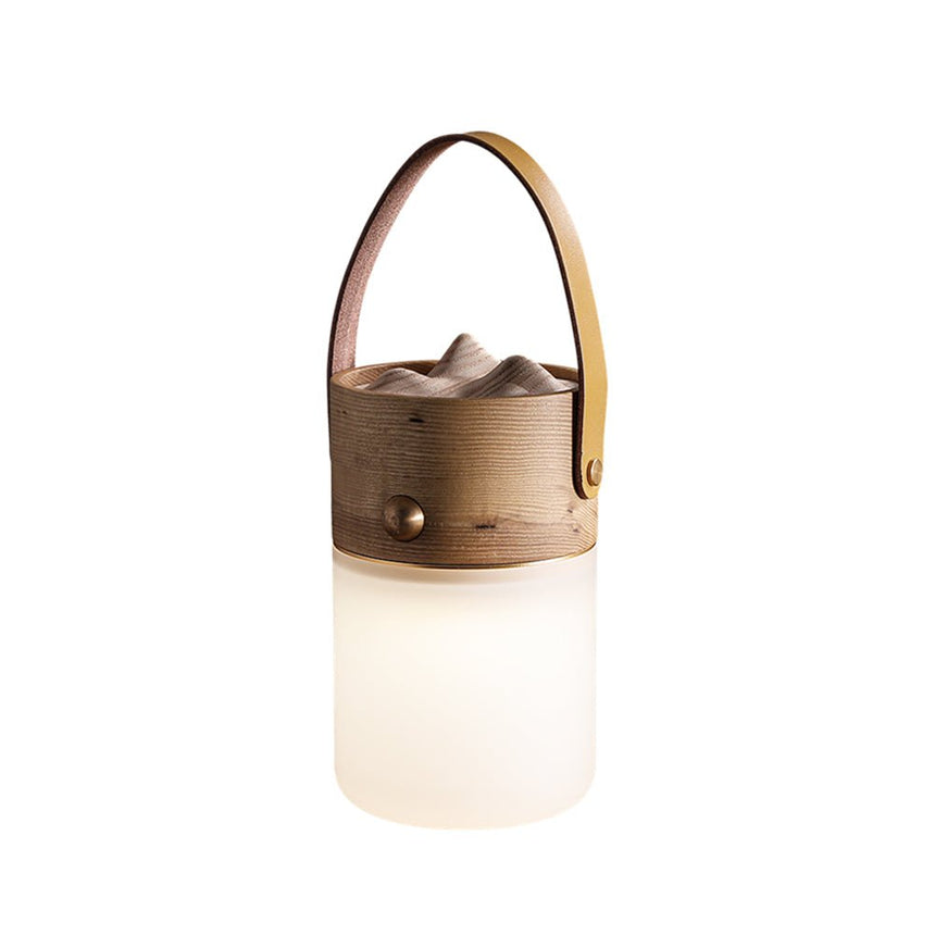 Lantern table lamp in natural ash with the leather strap, plain background