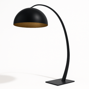 A tall curved black arm carrying a large dome shade with a gold inner face