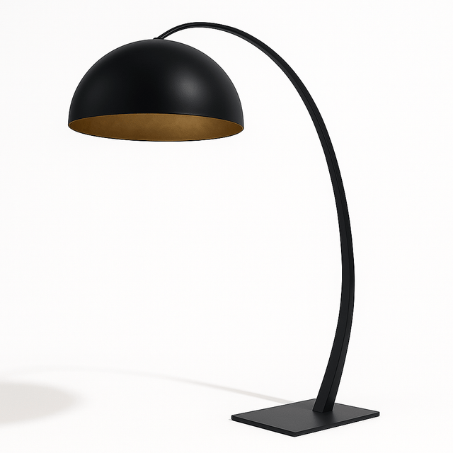 A tall curved black arm carrying a large dome shade with a gold inner face
