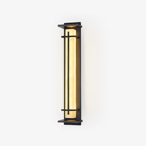 Tall wall lantern with a pale veined panel in a black cross bar frame