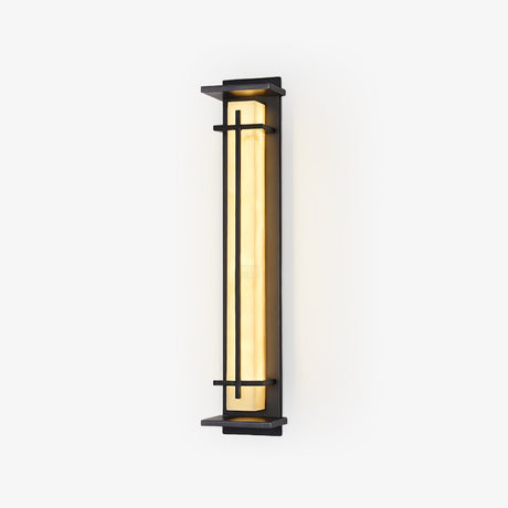 Tall wall lantern with a pale veined panel in a black cross bar frame
