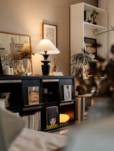 Large table lamp lit on a dark unit in a room with shelves and plants