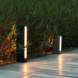 Two lit in a bed of reeds at the edge of pale terrace paving