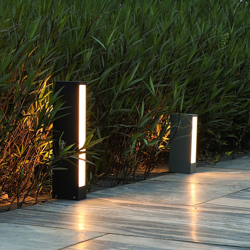 Two lit in a bed of reeds at the edge of pale terrace paving