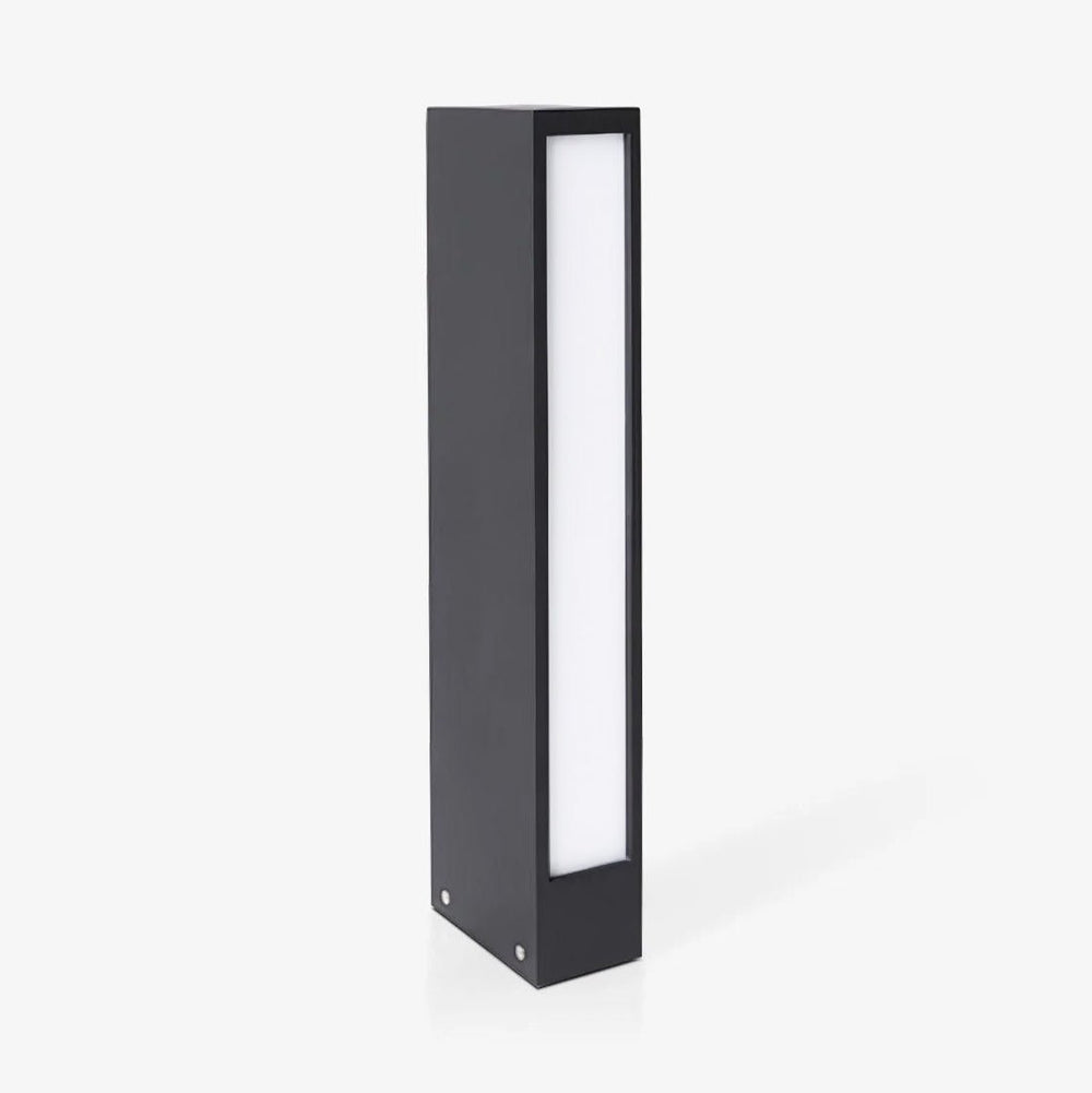 Slim dark bollard with a tall lit slot running down the front face