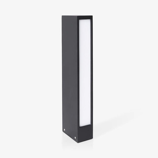 Slim dark bollard with a tall lit slot running down the front face
