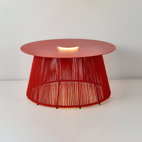 The coffee toned cord base of the table with the light under the top