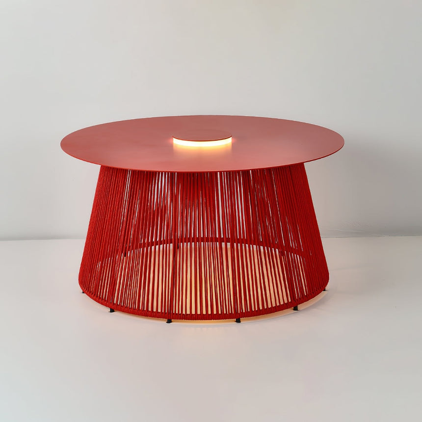 The coffee toned cord base of the table with the light under the top