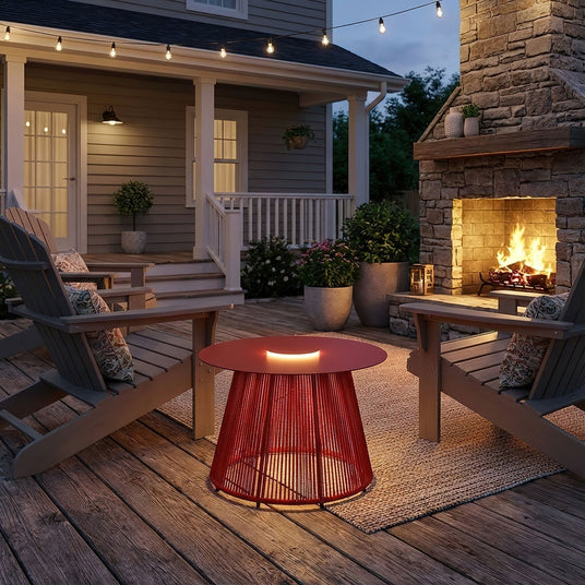 The table lit on a timber deck beside chairs and a stone fireplace
