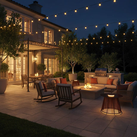 The table lit on a paved terrace with rocking chairs around a fire