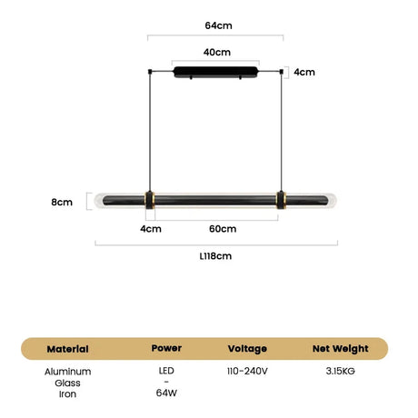 The 118 cm version drawn with its length and 1.5 m drop marked