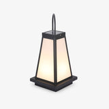 Tapered white lantern with a black frame and a tall arched handle