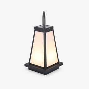 Tapered white lantern with a black frame and a tall arched handle
