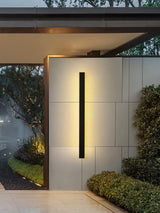 Black linear strip lit on a pale entry wall between a hedge and a covered path