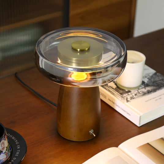 Close view of the gold collar under the glass with the lamp switched on