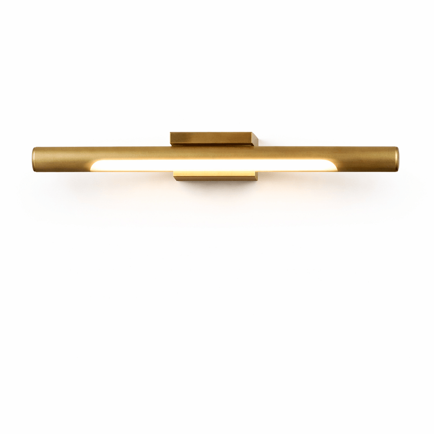 The gold tube seen at an angle, the lit strip running beneath it