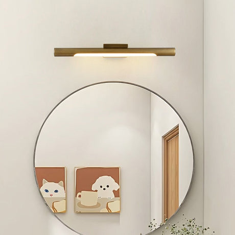 Brass tube lit above a round mirror beside two framed animal prints
