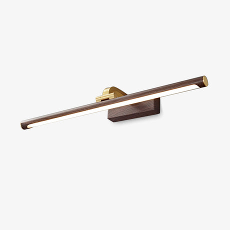 LED vanity light, a slim bar in a walnut tone on a short brass arm