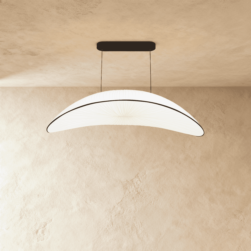 The same curved shade in white, the gathered fabric drawn in fine lines
