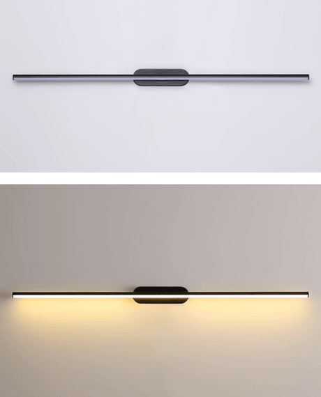 The rod shown unlit above and lit below, a thin line washing the wall