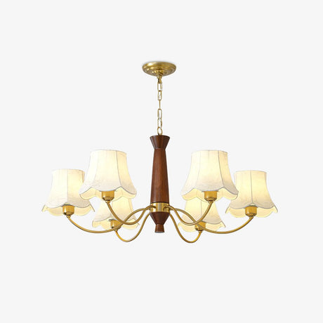 White fabric bell shades with scalloped hems on their brass arms