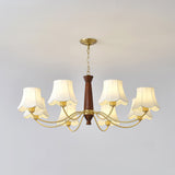 The fitting lit and seen angled, fabric bells glowing along the ring