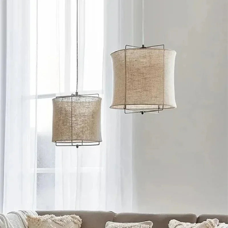Linen drum pendant light on a bamboo frame, two hung side by side