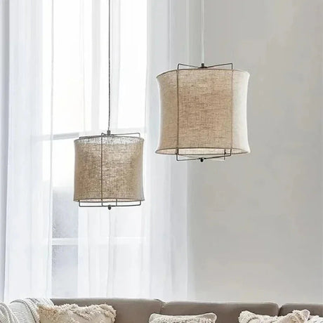 Linen drum pendant light on a bamboo frame, two hung side by side