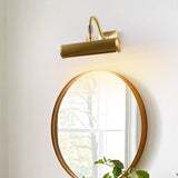 Brass tube lit above a round mirror with a trailing plant beside it