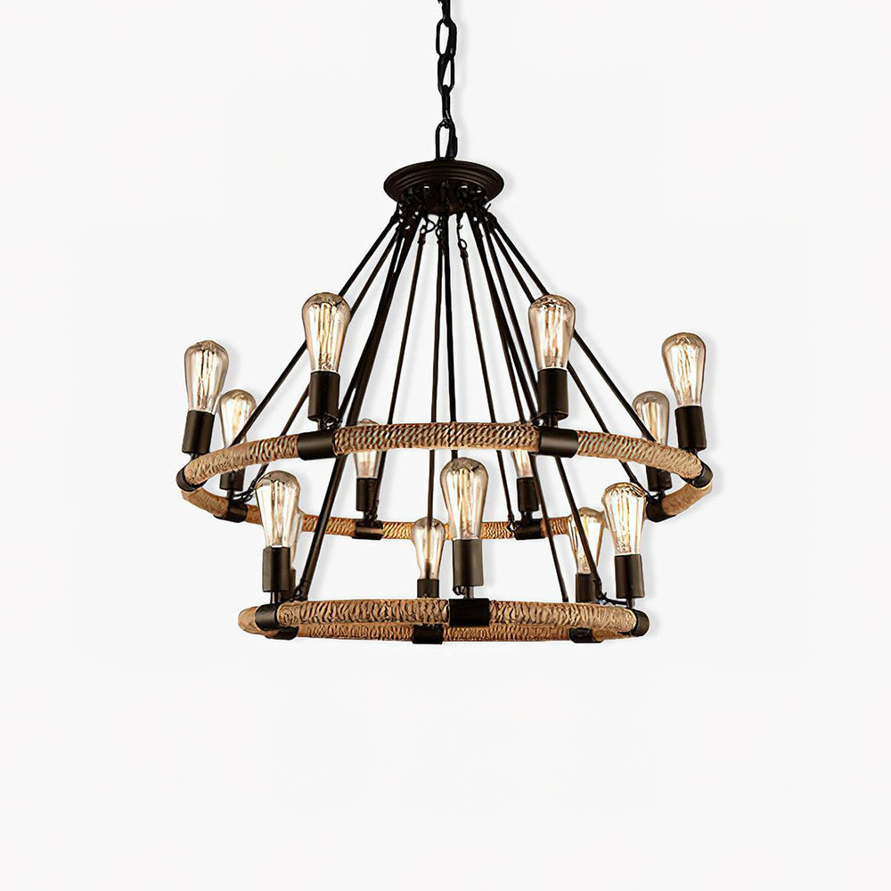 Loft chandelier with two rope bound rings and fourteen filament lamps