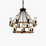 Loft chandelier with two rope bound rings and fourteen filament lamps
