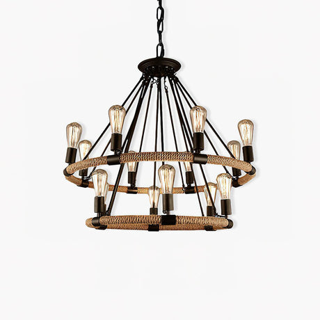 Loft chandelier with two rope bound rings and fourteen filament lamps