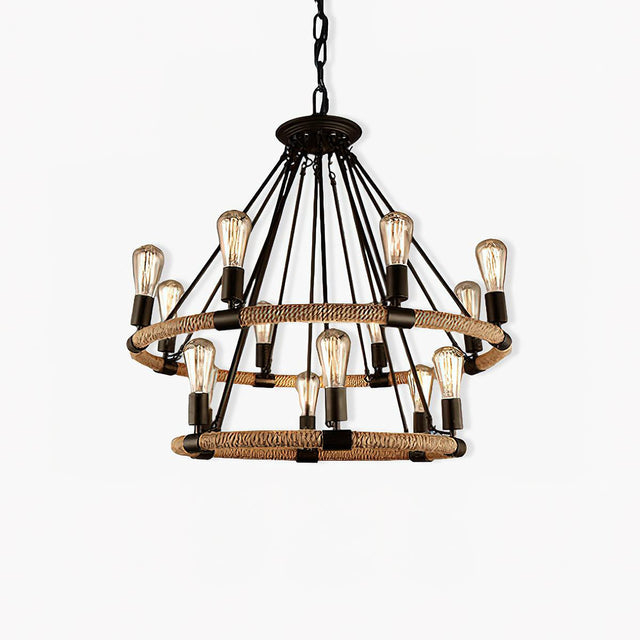 Loft chandelier with two rope bound rings and fourteen filament lamps