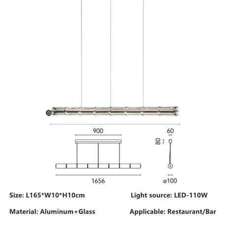 The 165 cm version drawn with its length and 110 W output marked