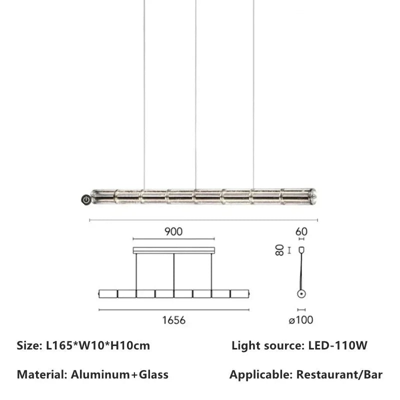 The 165 cm version drawn with its length and 110 W output marked