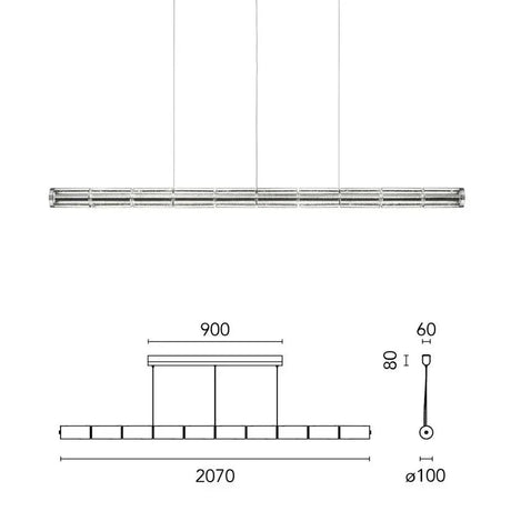 The 207 cm version drawn with its length and suspension points marked
