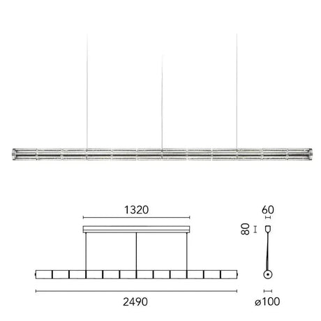 The 249 cm version drawn with its length and suspension points marked