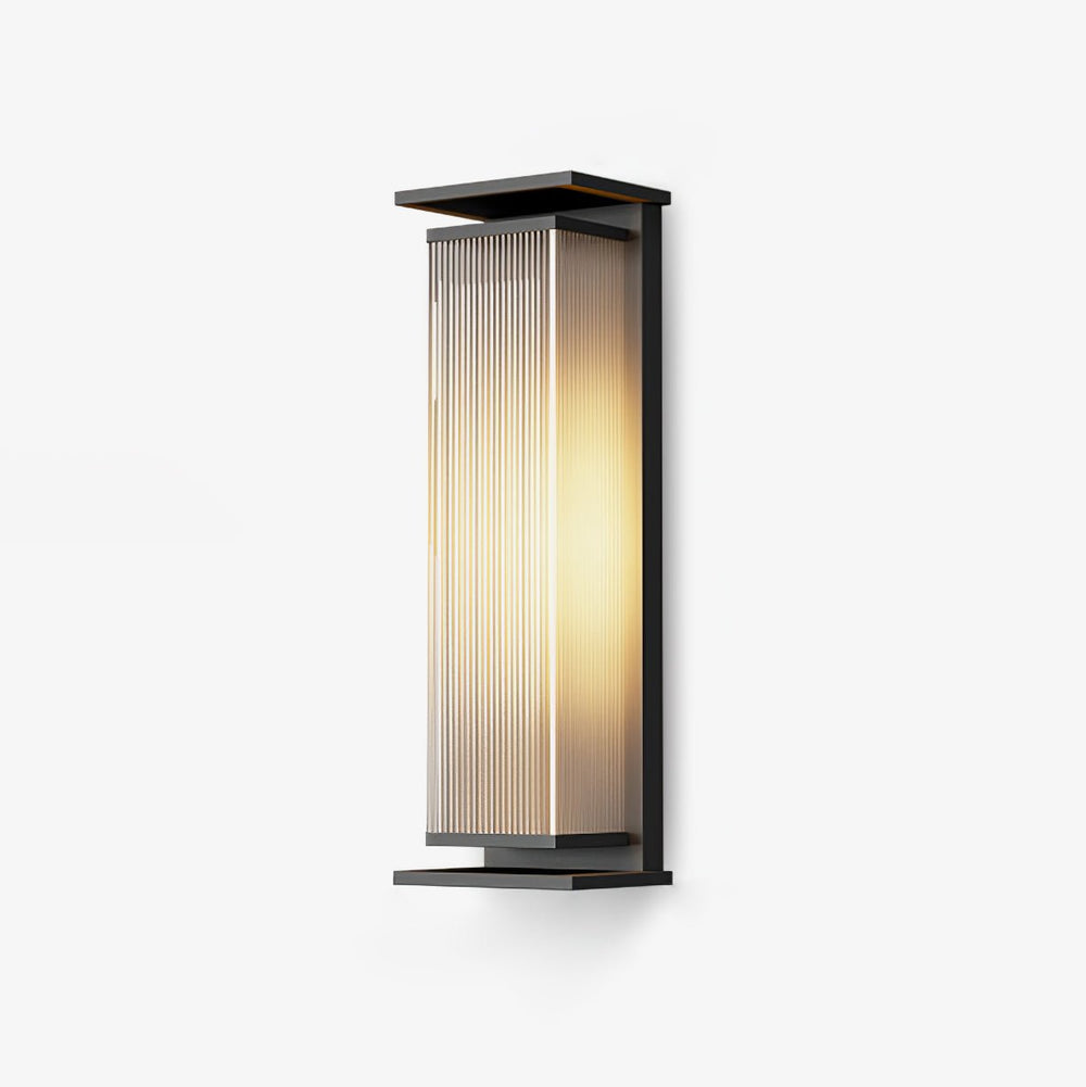 Long box frame wall light in black holding a ribbed translucent tube