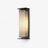 Long box frame wall light in black holding a ribbed translucent tube