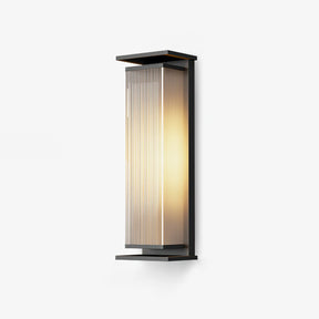 Long box frame wall light in black holding a ribbed translucent tube