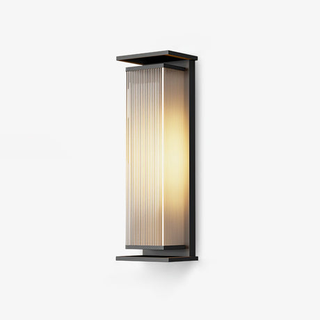 Long box frame wall light in black holding a ribbed translucent tube